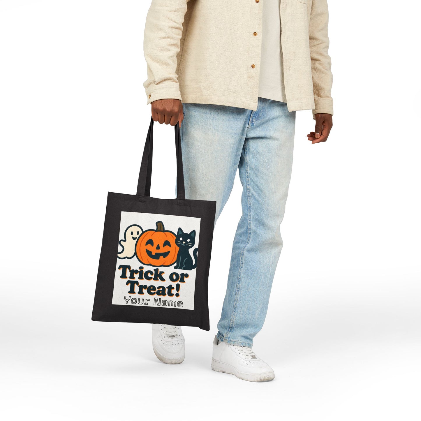 Trick or Treat Halloween Tote Bag | Cute Jack-o'-Lantern Ghost Reusable Shopping Bag