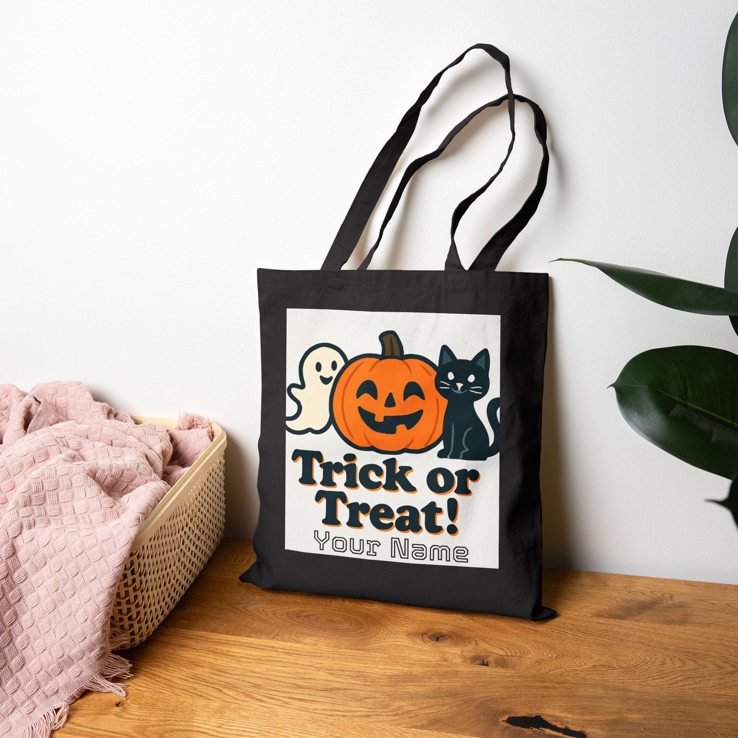 Trick or Treat Halloween Tote Bag | Cute Jack-o'-Lantern Ghost Reusable Shopping Bag