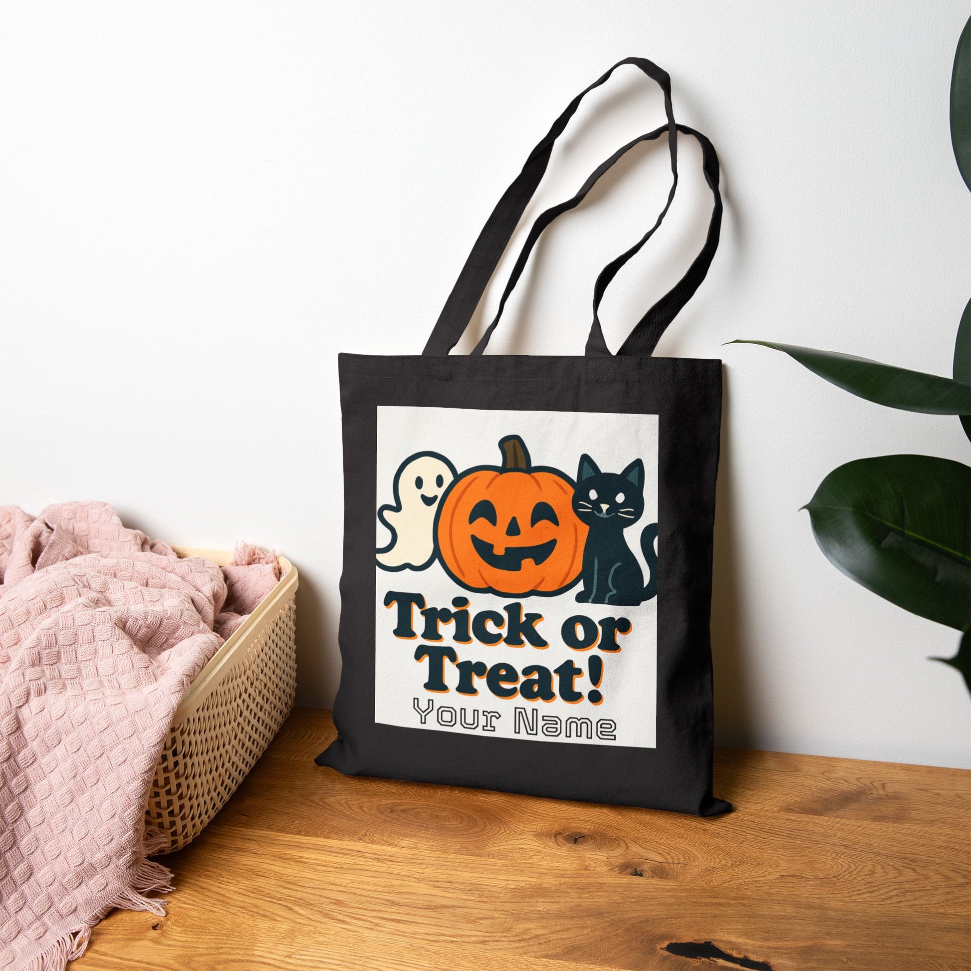 Trick or Treat Halloween Tote Bag | Cute Jack-o'-Lantern Ghost Reusable Shopping Bag