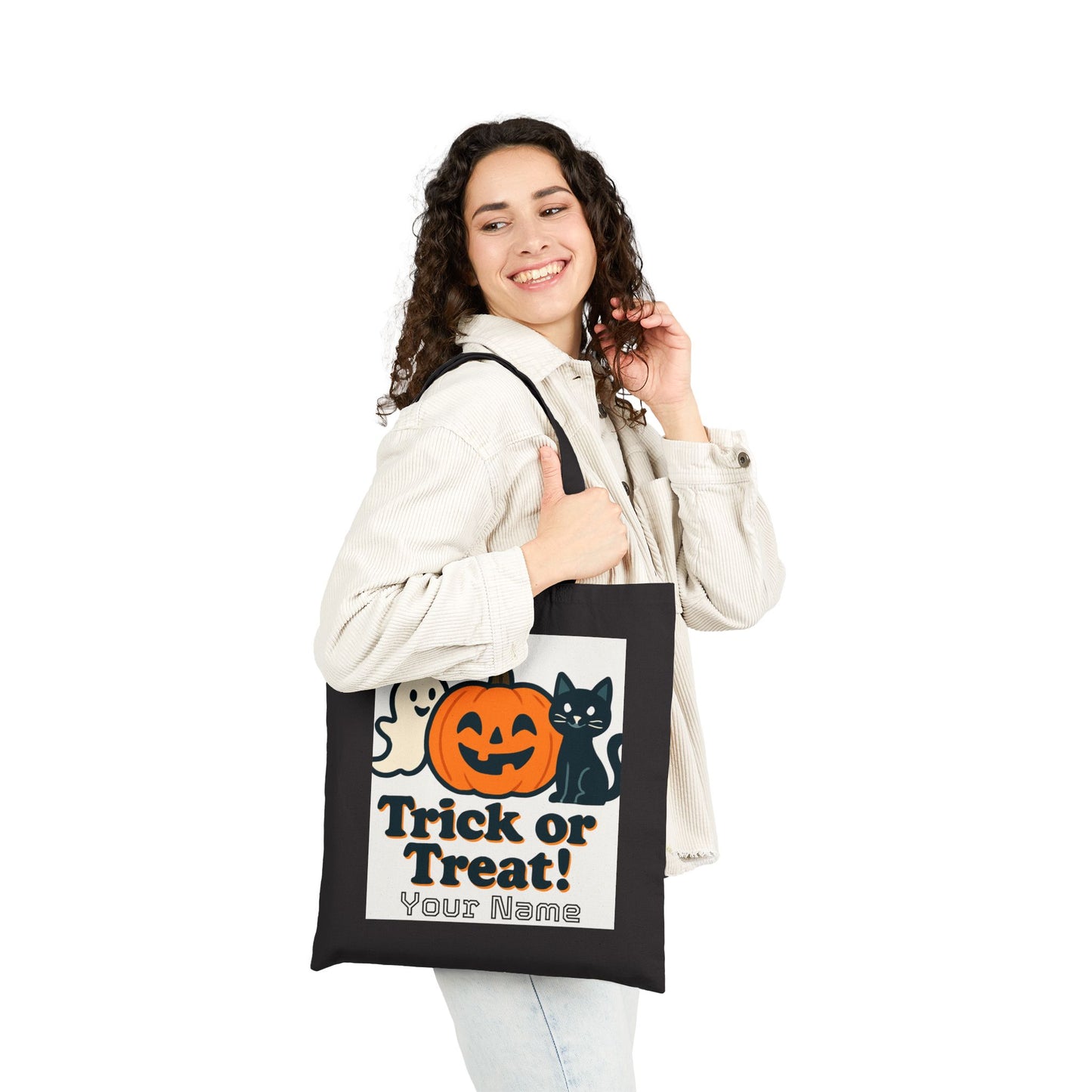 Trick or Treat Halloween Tote Bag | Cute Jack-o'-Lantern Ghost Reusable Shopping Bag