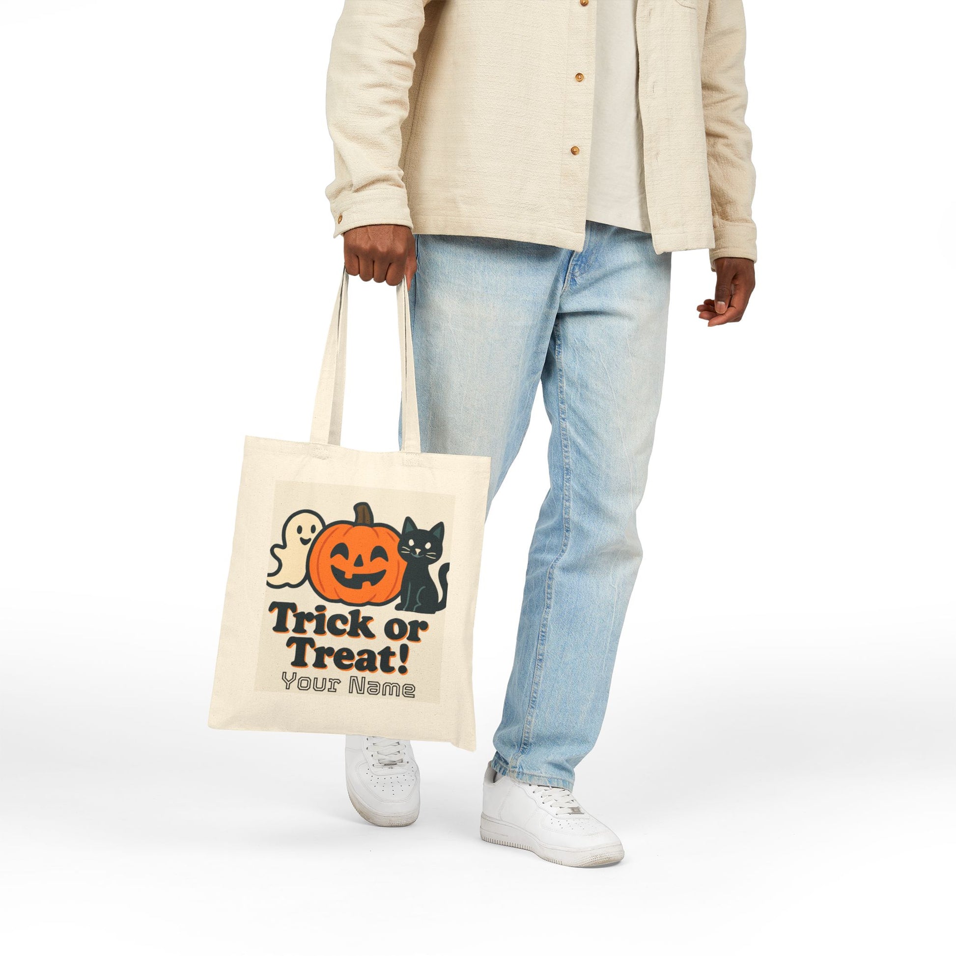Trick or Treat Halloween Tote Bag | Cute Jack-o'-Lantern Ghost Reusable Shopping Bag