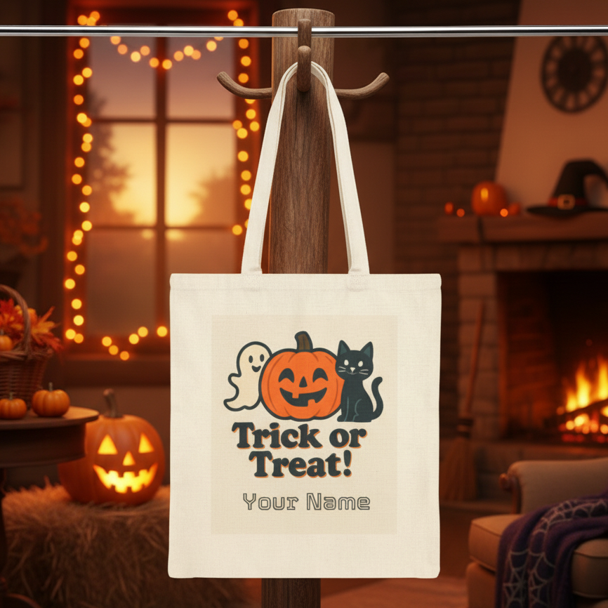 Trick or Treat Halloween Tote Bag | Cute Jack-o'-Lantern Ghost Reusable Shopping Bag