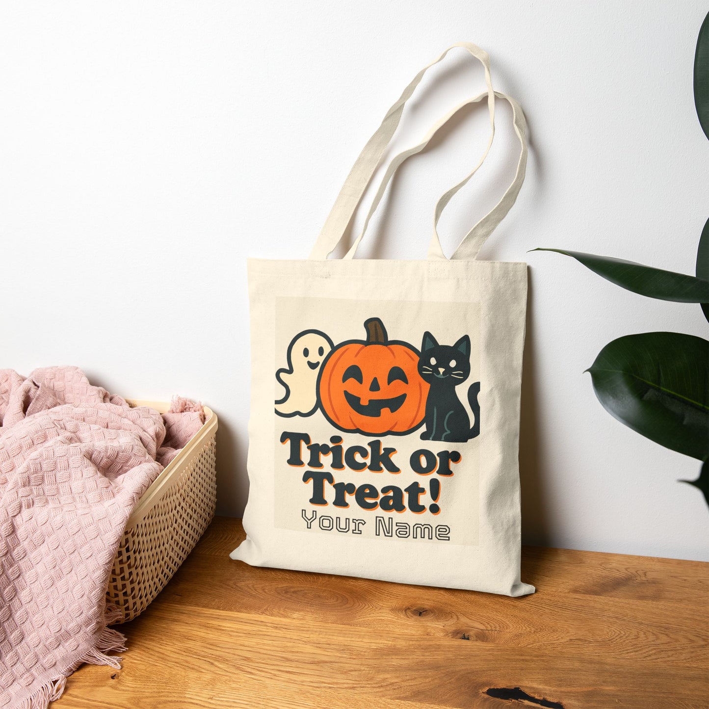 Trick or Treat Halloween Tote Bag | Cute Jack-o'-Lantern Ghost Reusable Shopping Bag